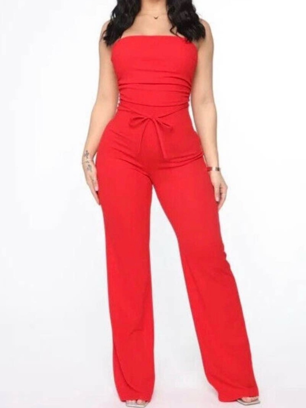 Fashion Nova Red Strapless Wide-Leg Jumpsuit with Tie Waist